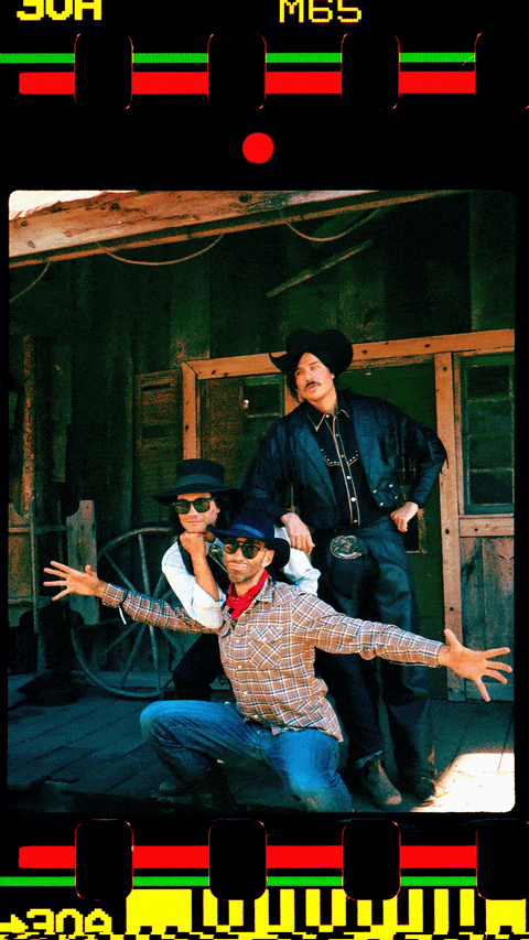Animated 35mm Film Wigglegram Portrait of show creators Mike Veerman, Jonathan Popalis, and Shane Cunningham, dressed up as cowboys on set, by John Smith